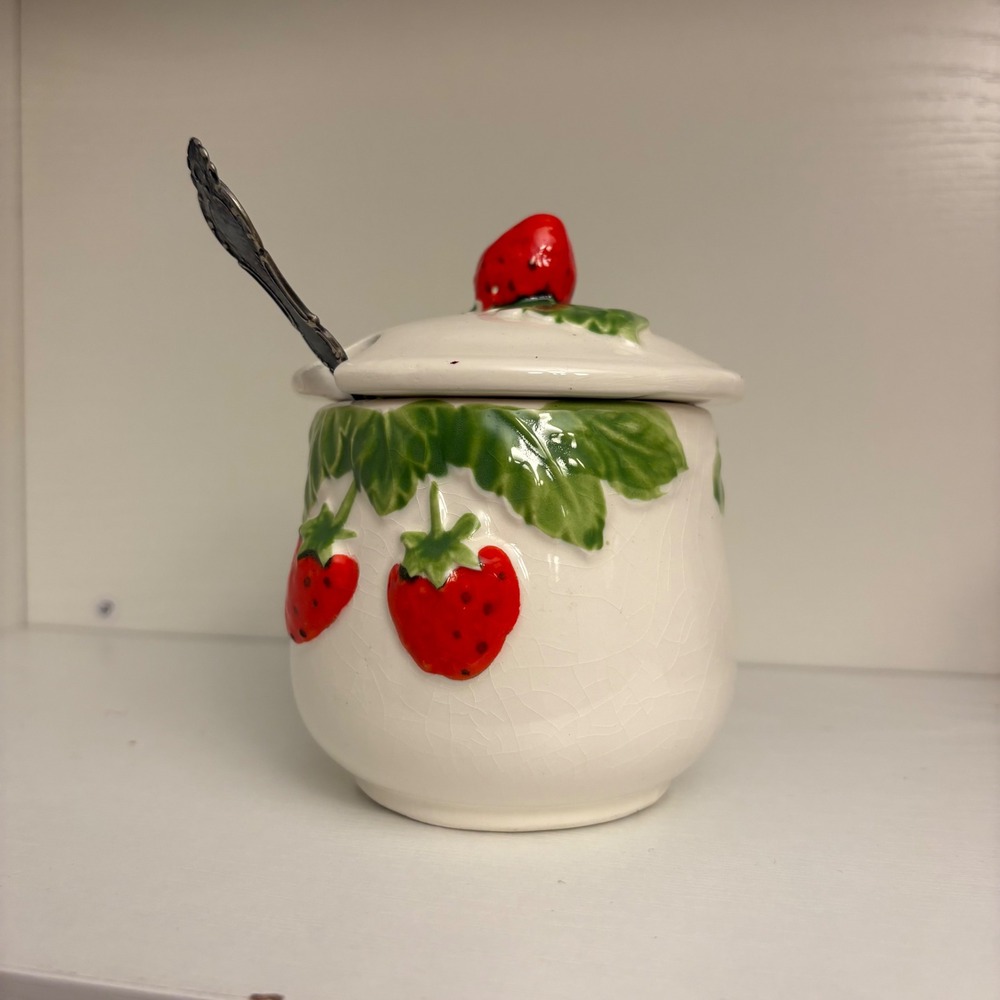 Vintage Strawberry Ceramic Jam Honey Pot Jar with Lid and Spoon Cottagecore